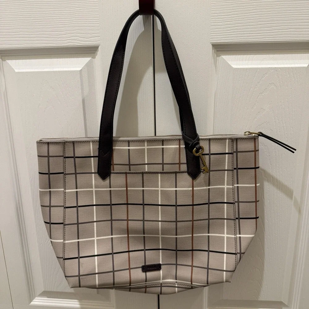 Fossil Sydney Large Tote Bag Gray Black Brown Plaid Windowpane PVC 17x12x4 - Picture 1 of 12